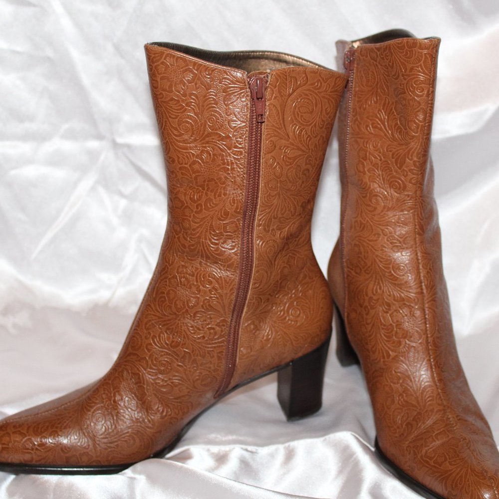 A Marinelli "Archer" Brown Floral Embossed Leather Mid-Calf Boots Size 8.5